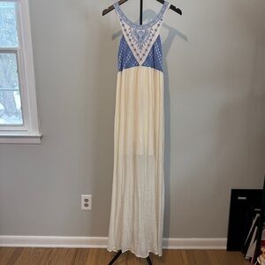 Flying Tomato Blue Embroidered Boho Maxi Dress Cream Sleeveless